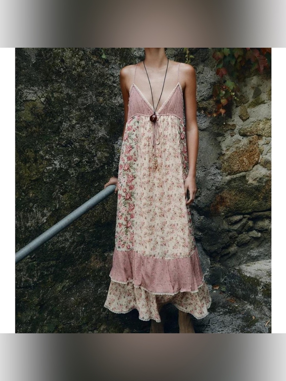 NWT Zara patchwork Floral Tiered Maxi Dress with Spaghetti Straps size M